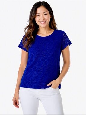 Rae Republic Royal Blue Lace Short Sleeve Top Blouse Medium